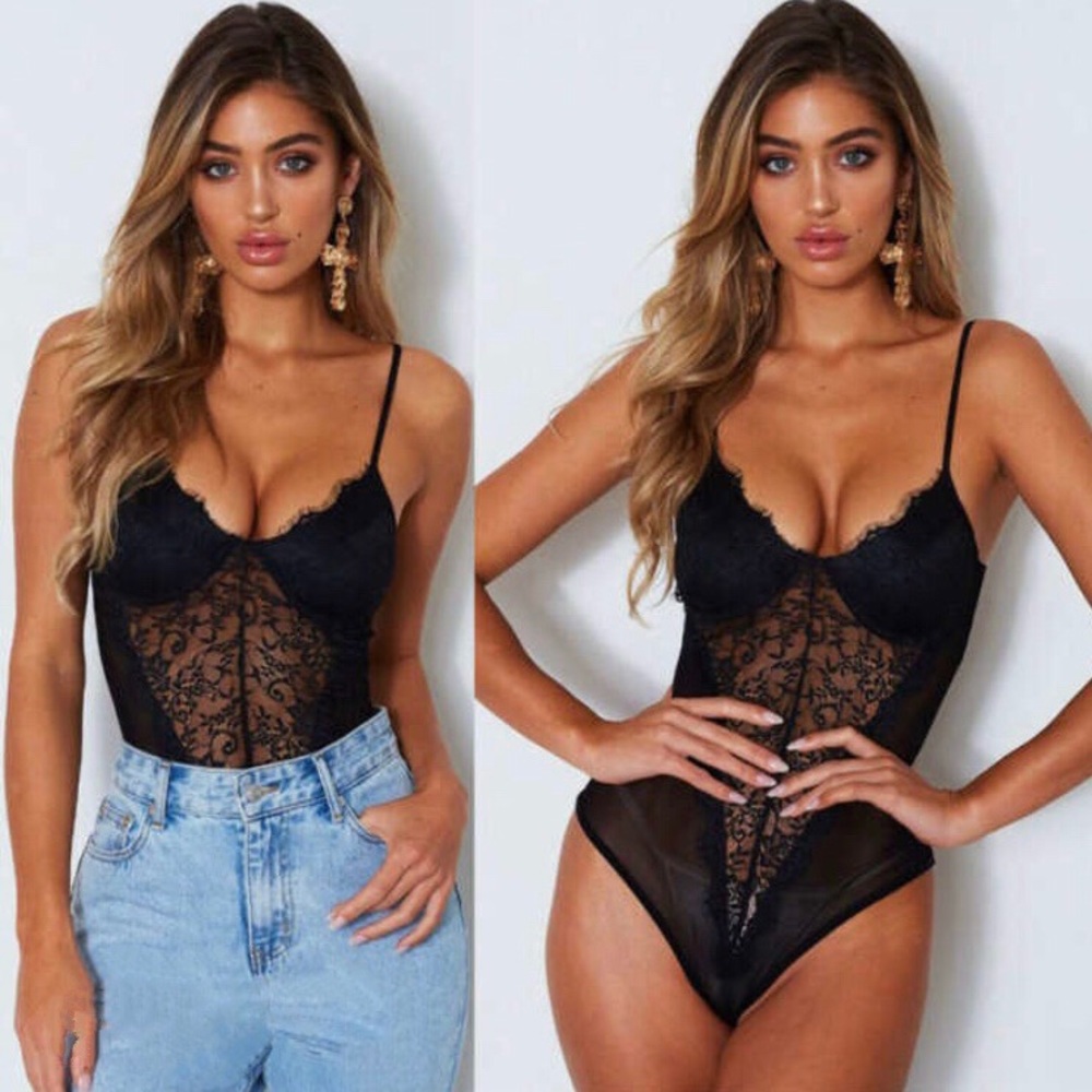Sexy Black Lace Plunge Bodysuit